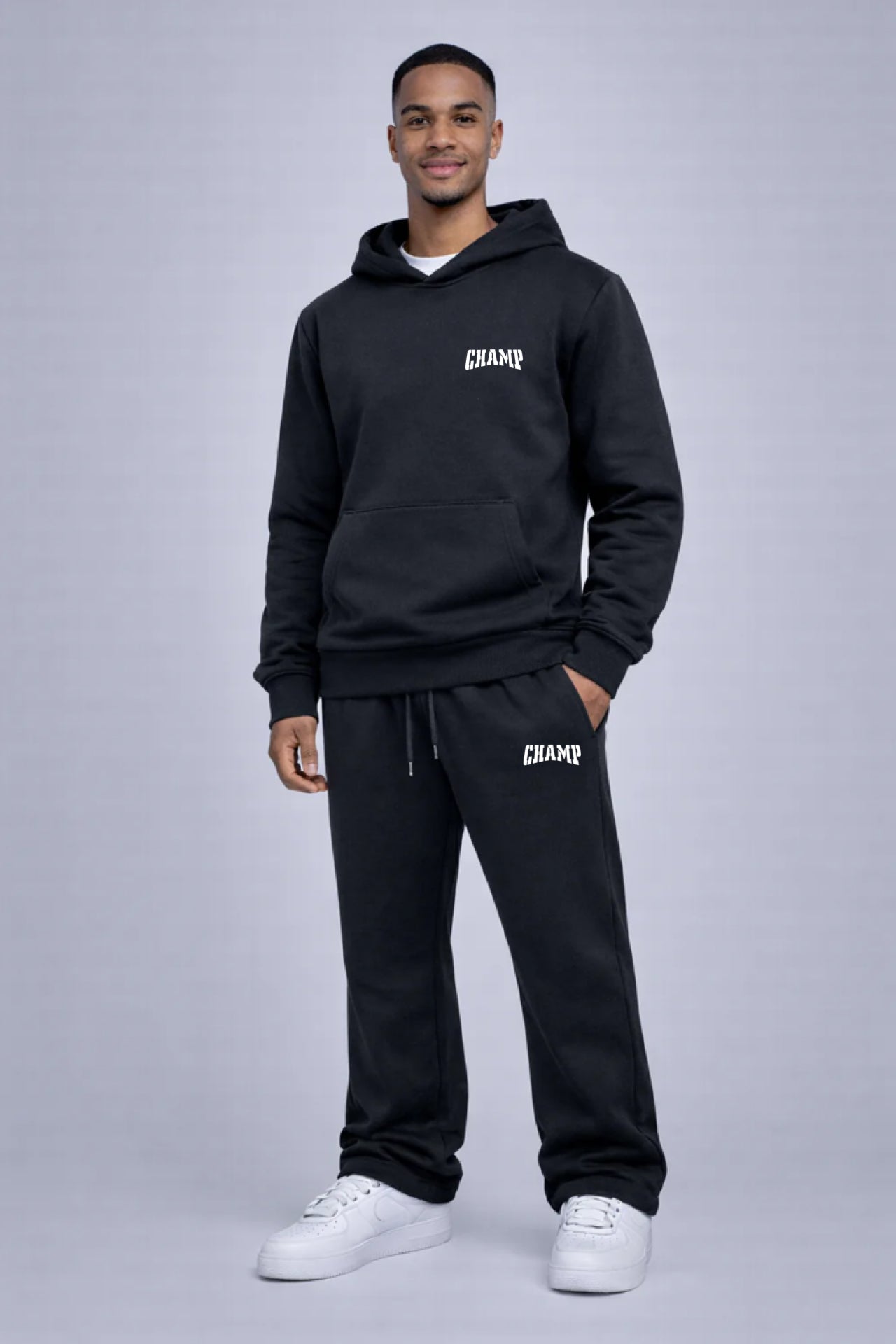 BLACK SOLID PULLOVER FLEECE HOODY and SOLID BAGGY FLEECE PANTS SET