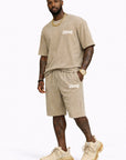 KHAKI ACID WASH T-SHIRT and ACID WASH FLEECE SHORTS SET