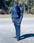 NAVY ACID WASH PULLOVER FLEECE and STACK FLEECE PANTS SET WITH BIKER CAP