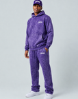 PURPLE ACID WASH PULLOVER FLEECE and STACK FLEECE PANTS SET WITH BIKER CAP