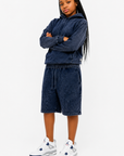 Acid Wash Pullover Fleece Hoodie & Acid Wash Fleece Shorts SET - CHAMP