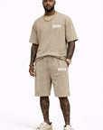 KHAKI ACID WASH T-SHIRT and ACID WASH FLEECE SHORTS SET