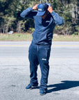 NAVY ACID WASH PULLOVER FLEECE and STACK FLEECE PANTS SET WITH BIKER CAP