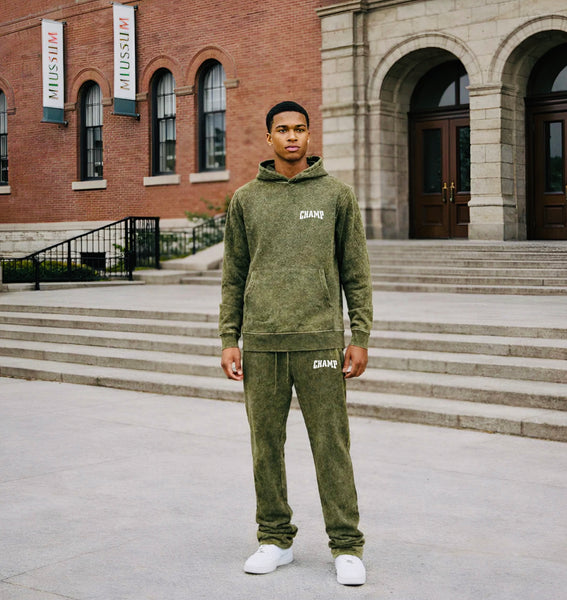 OLIVE ACID WASH PULLOVER FLEECE and STACK FLEECE PANTS SET – Champ