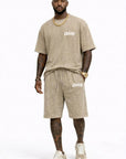KHAKI ACID WASH T-SHIRT and ACID WASH FLEECE SHORTS SET