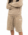 Acid Wash Pullover Fleece Hoodie & Acid Wash Fleece Shorts SET - CHAMP