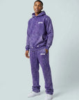 PURPLE ACID WASH PULLOVER FLEECE and STACK FLEECE PANTS SET WITH BIKER CAP