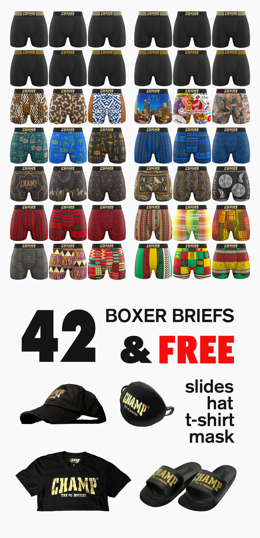 42 BOXER BRIEFS - PLUS FREE SLIDES, FREE HAT, FREE T-SHIRT, FREE MASK